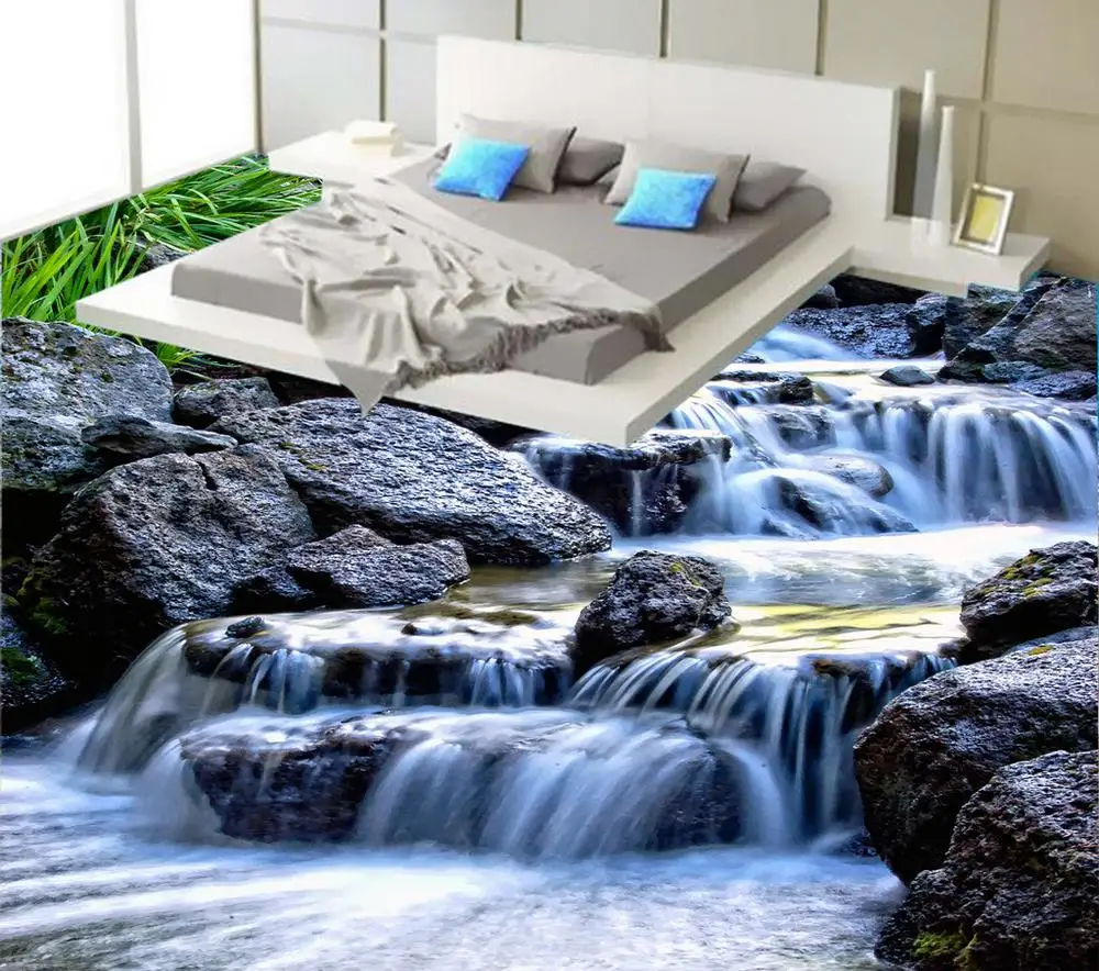 3d floor painting wallpaper Stream water stone 3D floor painting waterproof wallpaper for bathroom wall