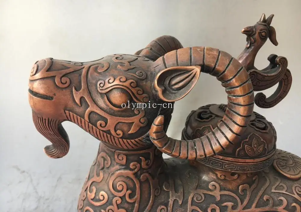 12'' red copper carvings auspicious animal sheep phoenix cover incense burner