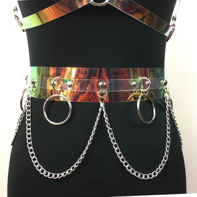 

New Handmade Unisex Women Holographic Harness Wide Waist Belt Vinyl PVC Hologram Circle Punk Gothic Chain Link Metal Strap