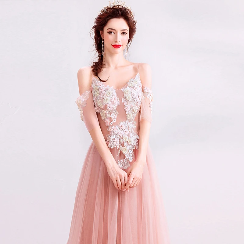 Robe De bal longue et féerique, rose clair, avec des Appliques De perles, manches courtes, Transparent, nouvelle collection 2019