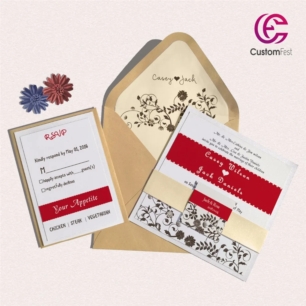 

30pcs/lot Highlighted design with personalized liner envelop invitation and RSVP set L202S029