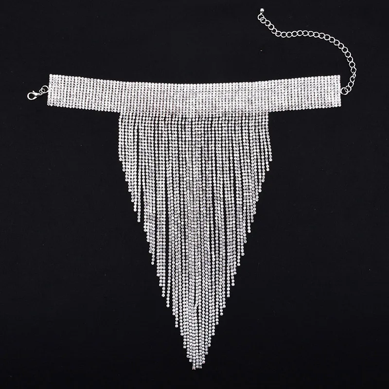 Fashion Crystal Rhinestones Chains Tassel Choker Necklace Women Indian Boho Ethnic Statement Maxi Large Collar Necklace Jewelry