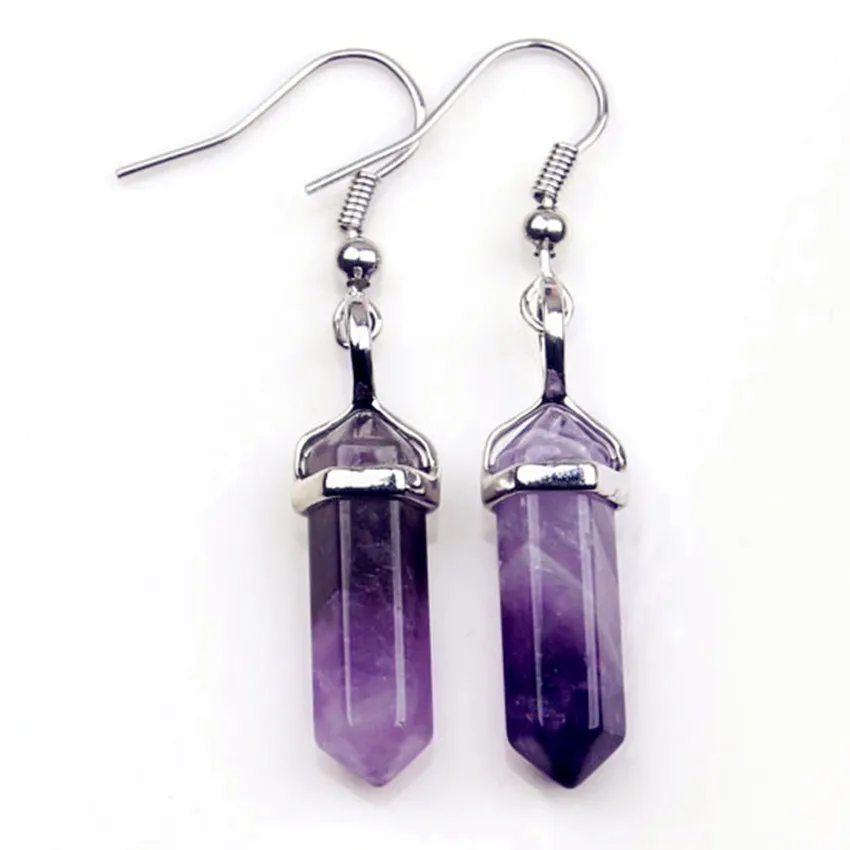 Natural Crystal Stone Earring For Women Girls Dangel Hook Hexagon Column Amethyst Rose Quartz Stone Earrings Women Jewelry Gifts