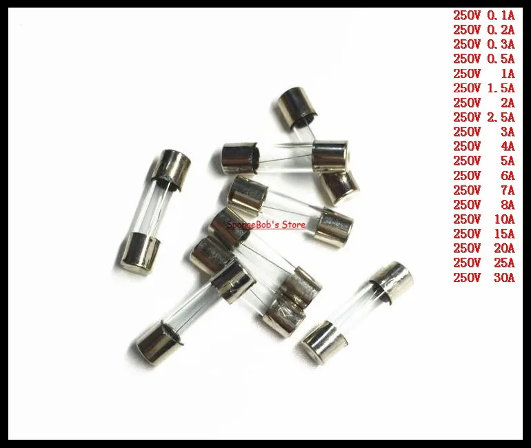 100 pcs 5x20mm Fast Blow Glass Fuse 0.1A/0.2A/0.3A/0.5A/1A/1.5A/2A/2.5A/3A/4A/5A/6A/7A/8A/10A/15A/20A/25A/30A Glass Tube Fuse