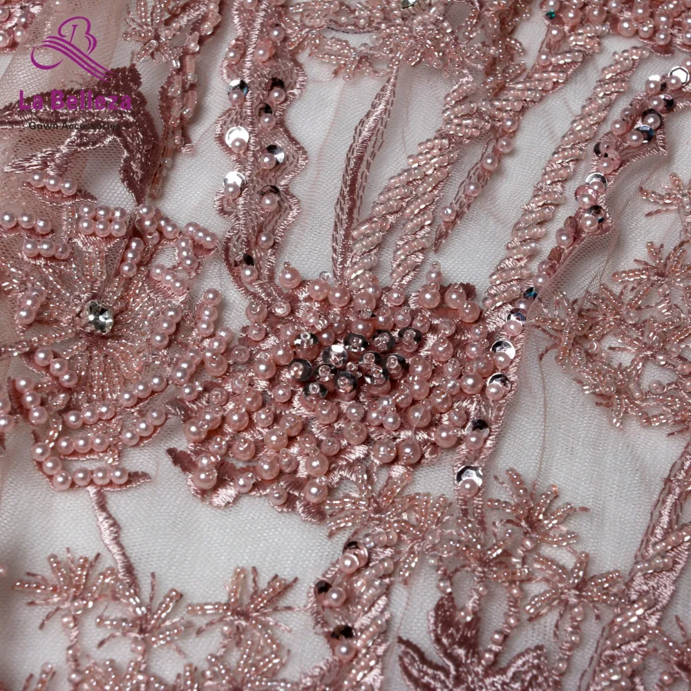 1yard New arrivels pink/black/blue heavy handmade beads on netting embroidery wedding dress lace fabric 130cm width