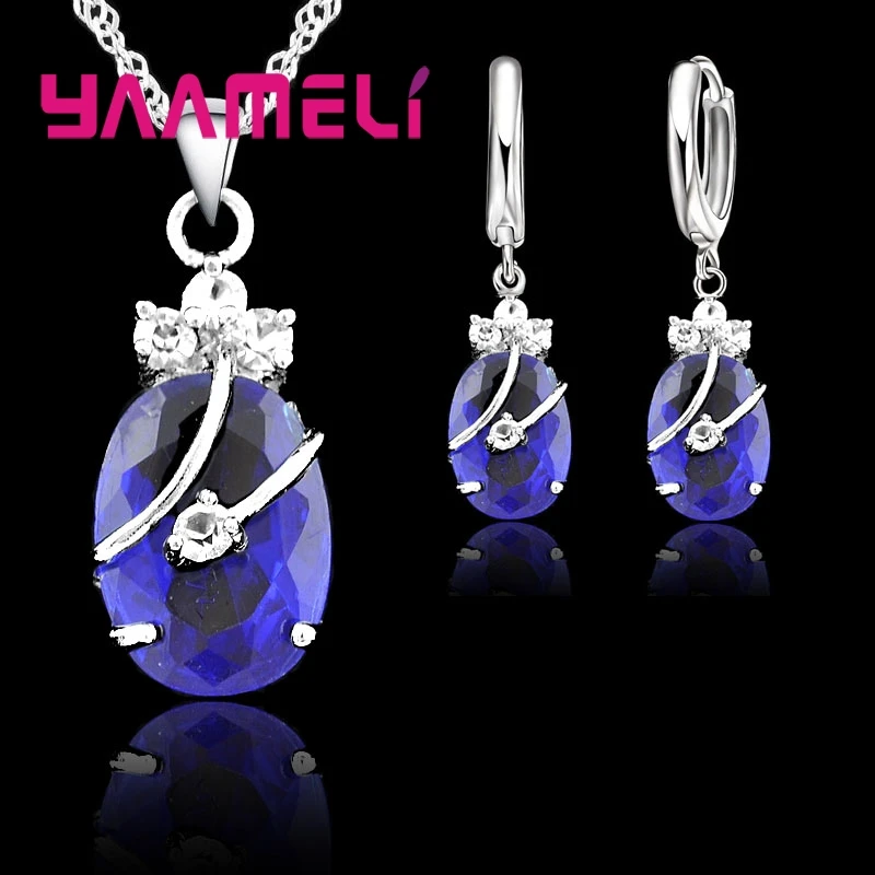 New Fashion Vintage Jewelry Sets For Women 925 Sterling Silver Crystal Stone Pendant Charms Wedding Necklace Hoop Earrings