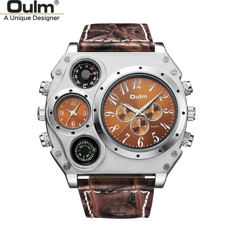 Oulm Original 1349 Two Time Zone Sport Watch Large Dial Big Size Male Quartz Clock Decorative Compass Men Military Watches