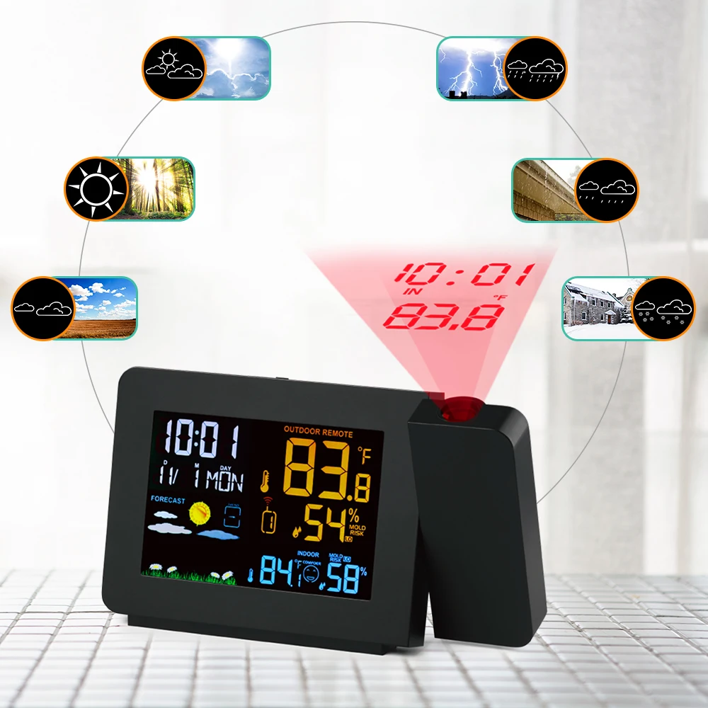 Projection Alarm Clock Weather Station Snooze Function Colorful Backlight  Desk Table Led With Temperature Humidity Sensor