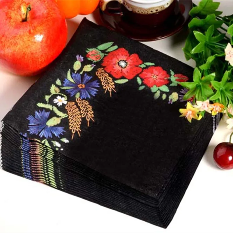 Paper napkins tissue black color print embroidery art handerchief decoupage wedding birthday party cafe decoration mug cup mats