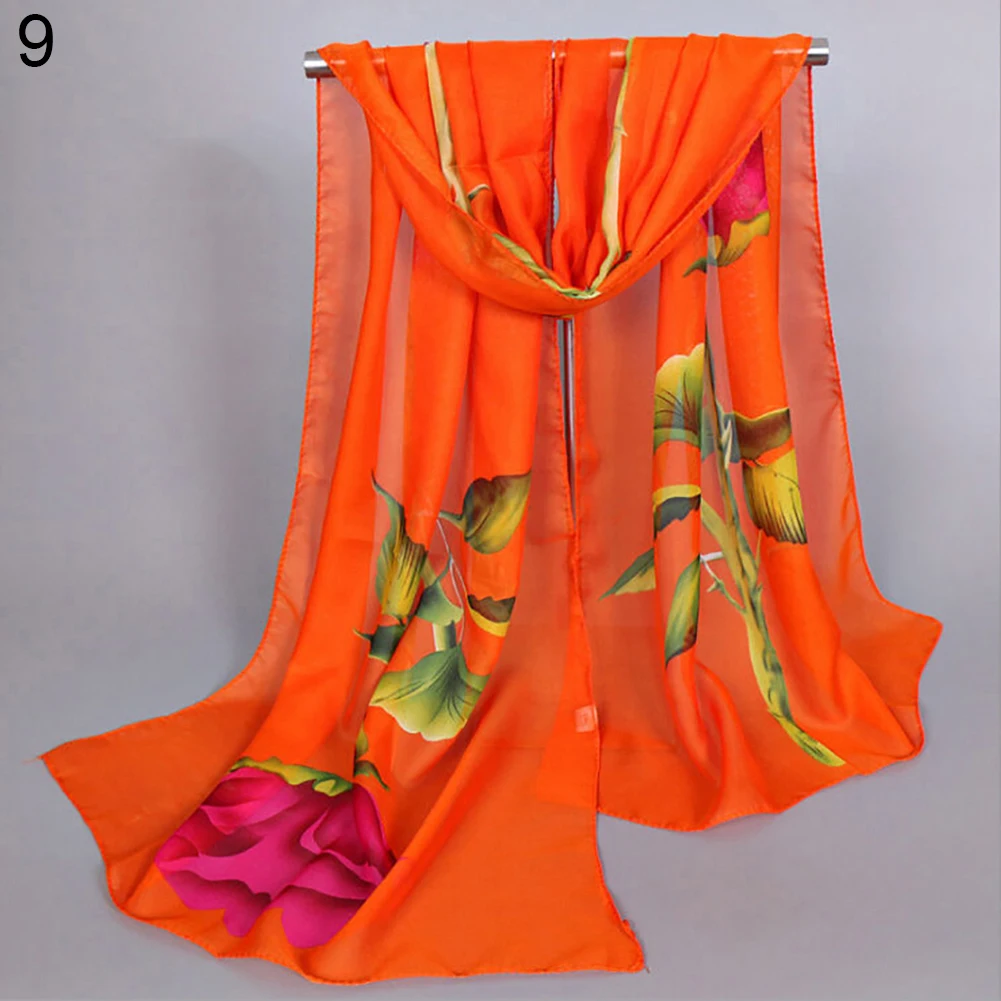 Women Fashion Long Soft Wrap Shawl Rose Flower Printed Sheer Chiffon Scarf шарф