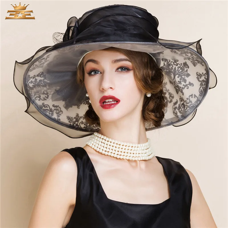 

Summer Ladies Fedoras Hat Female Orgenza Sun Cap Elegant Linen Hats Noble Banquet Big Brim Veil Hat with Bowknot Cap B-8198