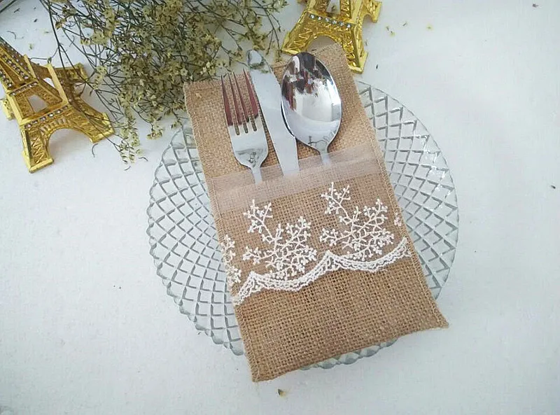 Natural Hessian Burlap Cutlery Holder Pouch Bag with Lace  Flower Wedding Tableware Bags Favor , Pack of 50