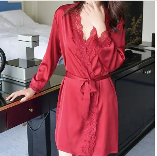 1620 Women\'s Satin Silk Woman Lace Robe Female Lace Bathrobe Womens Robes Sleepwear Ladies Sexy Robe For Women Drop Shippin