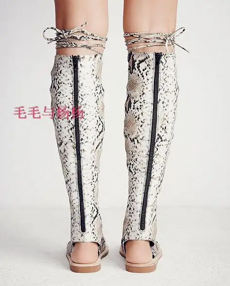 Stylish Snake Print Leather Flat Strappy Sandal Boots Peep Toe Cut-out Gladiator Sandal Boots Summer Dress shoes woman Size 34-4