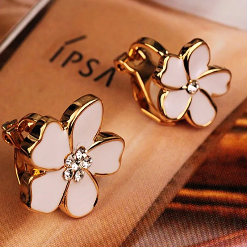 GRACE JUN Rheinstone Enamel Flower Shape Clip on Earrings Without Piercing for Girls Party Cute No Hole Ear Clip Charm Jewelry