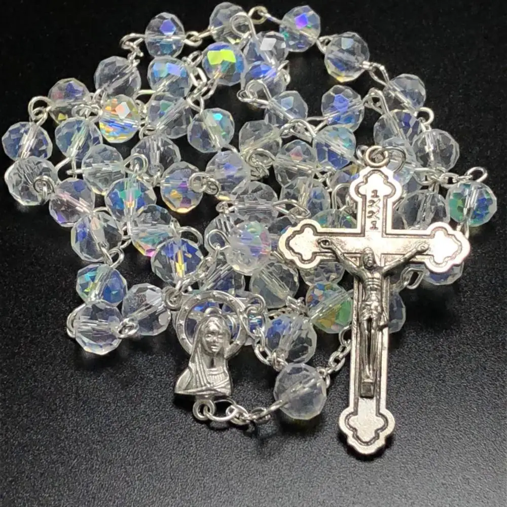 6*8mm AB plating facet crystal rosary necklace religious use jesus cross rosary with virgin mary center