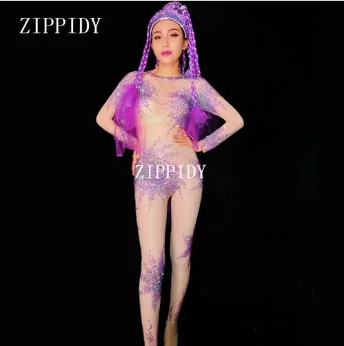 สีชมพู Rhinestones ที่มีสีสัน Jumpsuits เซ็กซี่ตาข่าย Bodysuit Stage Dance Wear สุภาพสตรีฉลองชุดเซ็กซี่