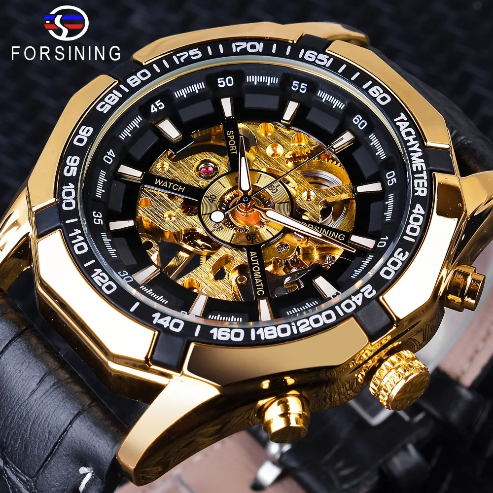 

Forsining Golden Black Skeleton Clock Two Button Decoration Mechanical Watches for Men Black Genuine Leather Luminous Hands