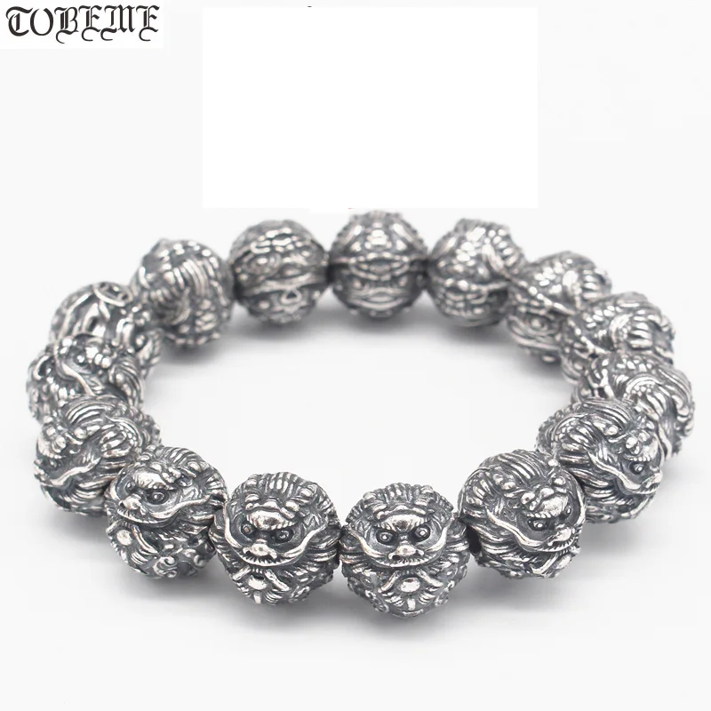 Handmade 100% 990 Silver Fengshui Power Dragon Beads Bracelet Pure Silver Good Luck Dragon Bracelet Tibetan Wrist Mala Bracelet