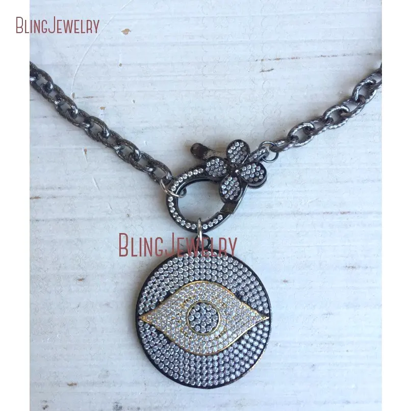 Gunmetal  Pave CZ Crystal Evil Eye Disk Pendant Big Flower Clasp On Gun black Chain Choker Necklace NM18382