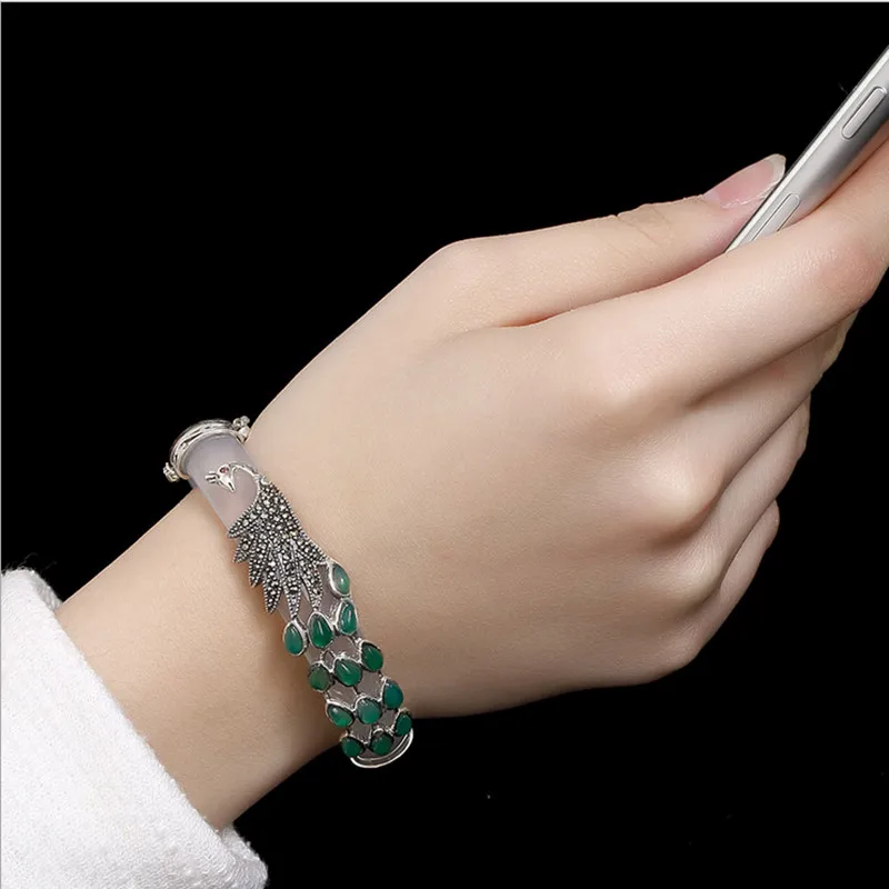 Uglyless Real 925 Sterling Silver Bangles for Women Thai Silver Animal Chalcedony Peacock Bangles Jade Creative Bracelet Jewelry