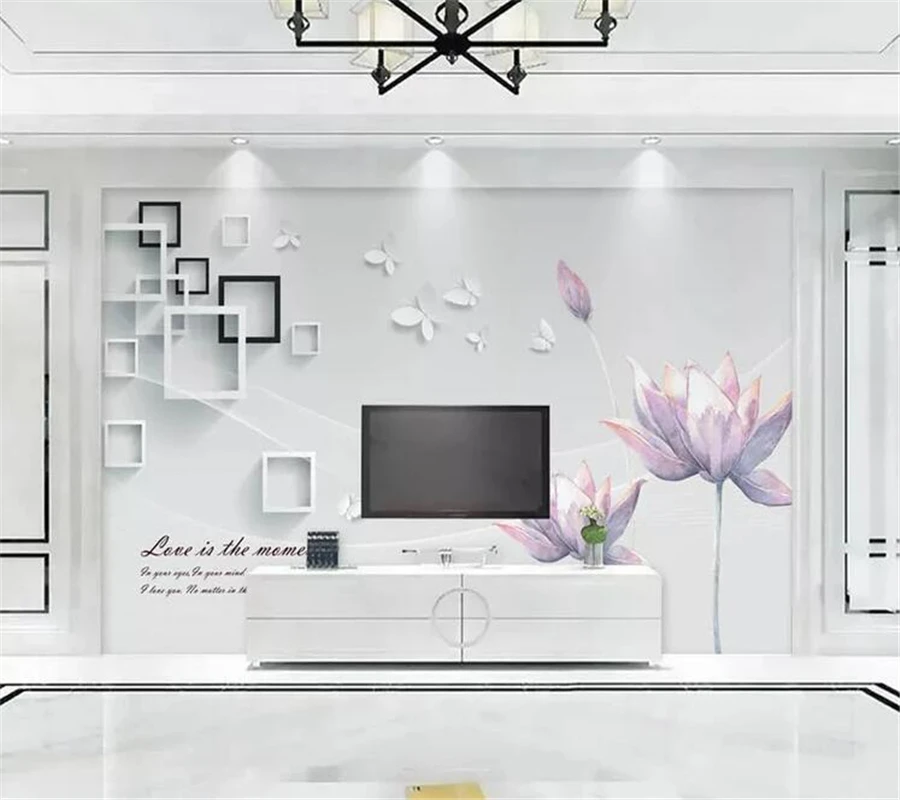 

wellyu papel de pared Custom wallpaper Purple Flowers Butterfly Box 3D Stereo TV Background Wall papier peint wall paper