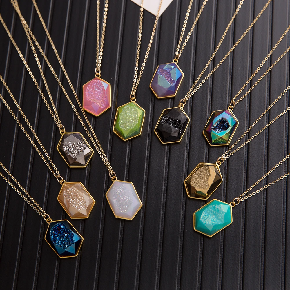 BOJIU 11 Colors Natural Druzy Stone Long Pendant Necklaces For Women Resizable Statement Jewelry Gold Link Chain Neklace NKS215