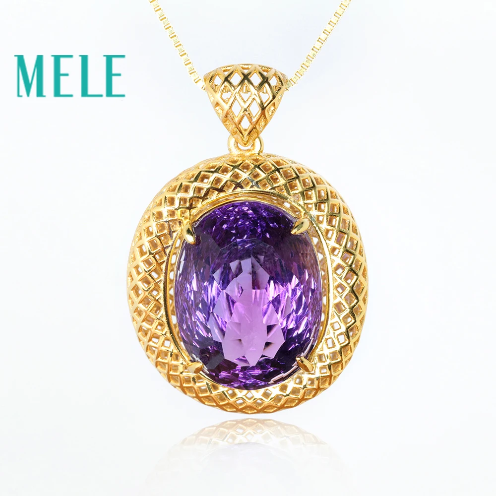 Amethyst Pendant MELE Natural 925 Sterling Silver Pendant For Both Women And Man,Big Oval Cut Gold Plated Pattern Fine