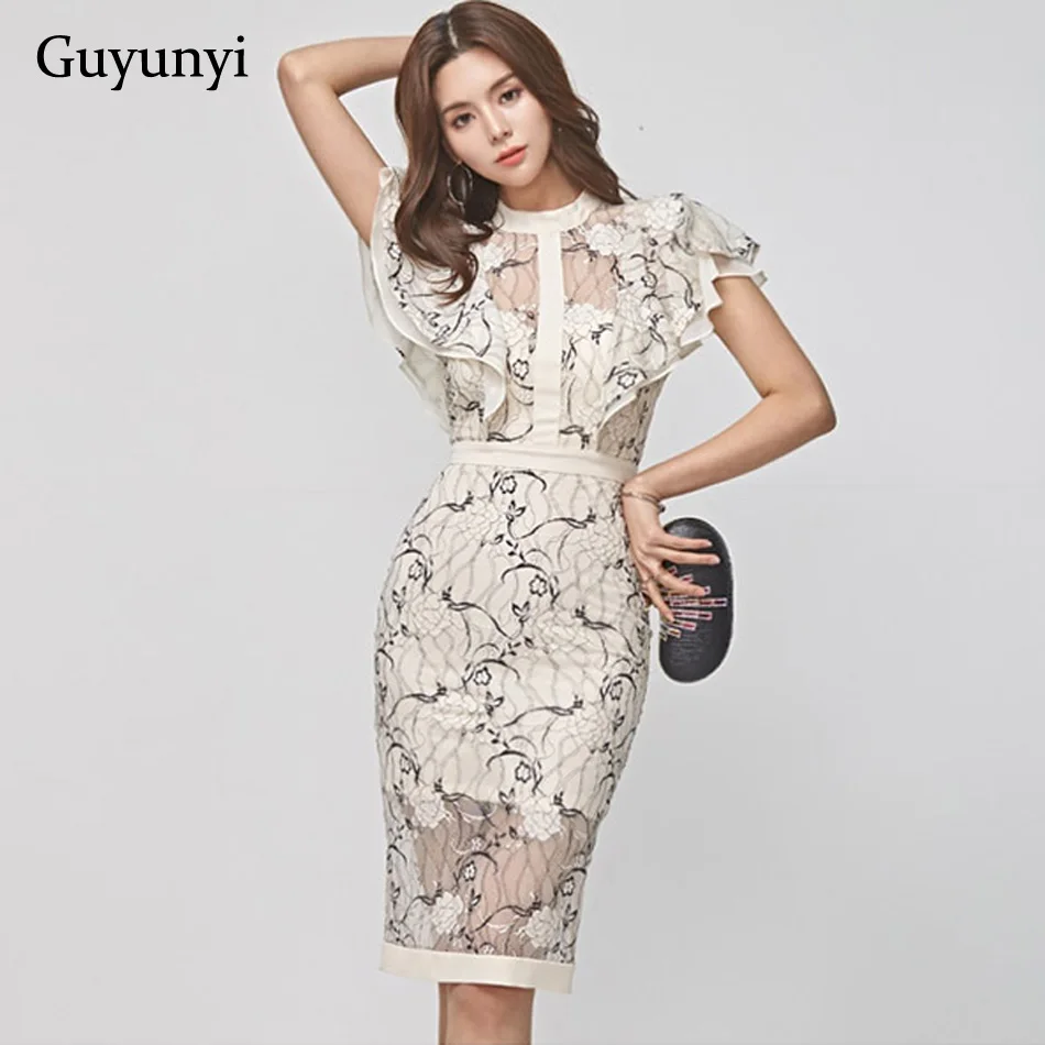 

Floral Summer Office Dress Elegant Back Hollow Small Sexy Lace Dress Slim Fit High Waist Butterfly Sleeve Party Dress Women