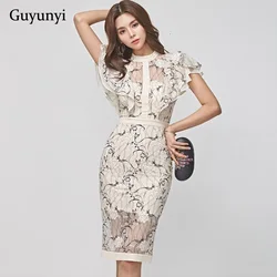 Floral Summer Office Dress Elegant Back Hollow Small Sexy Lace Dress Slim Fit High Waist Butterfly Sleeve Party Dress Women