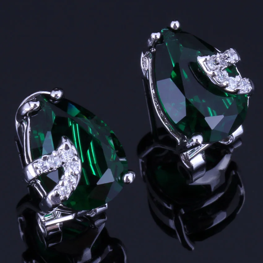 

Unique Pear Green Cubic Zirconia White CZ Silver Plated Clip Hoop Huggie Earrings V0927