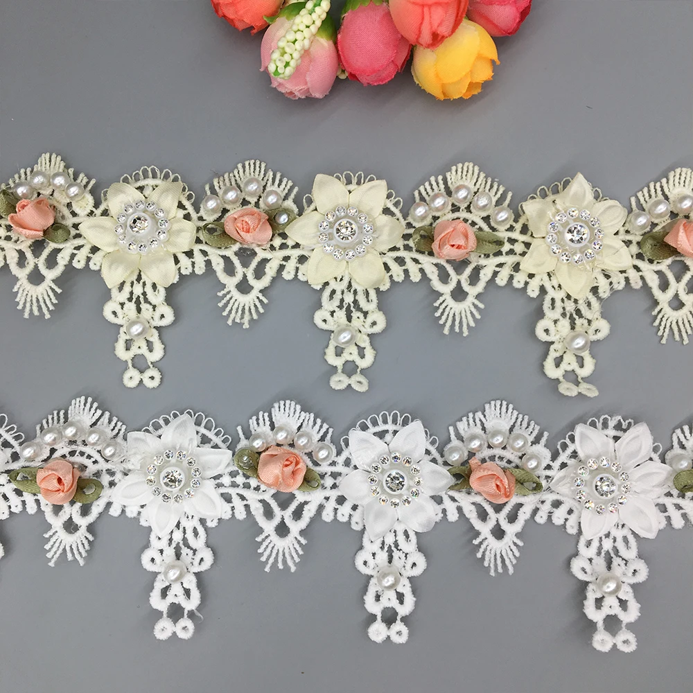 10 قطعة المشمش ثلاثية الأبعاد اللؤلؤ الماس الدانتيل زهرة لفستان الزفاف قبعة الشريط الدانتيل تقليم DIY بها بنفسك المطرزة اليدوية لوازم الخياطة الحرفية
