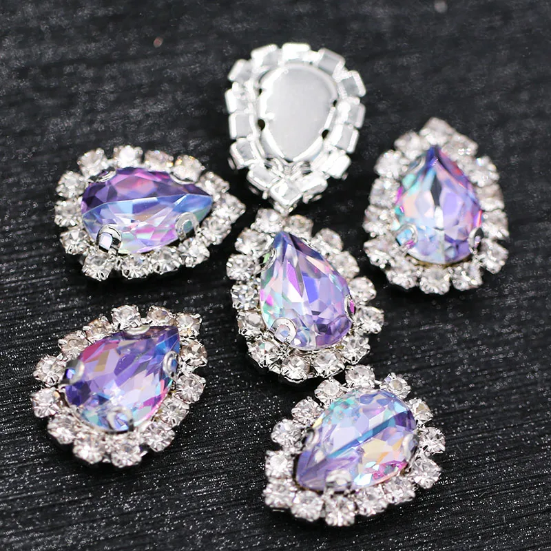 New 6x8mm/7x10mm glass rhinestones teardrop sew on crystal button Lotus purple Laser crystals rhinestones nail art accessories