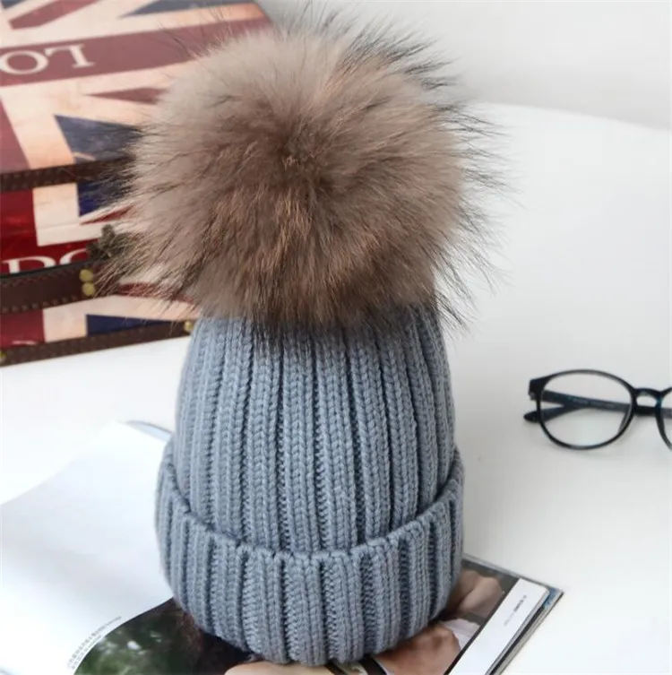 Hot Winter Big Real Fur Pompoms Knitted Beanies Caps New Thick Warm Knit Hats Gorras For Girls Women Boy and Child