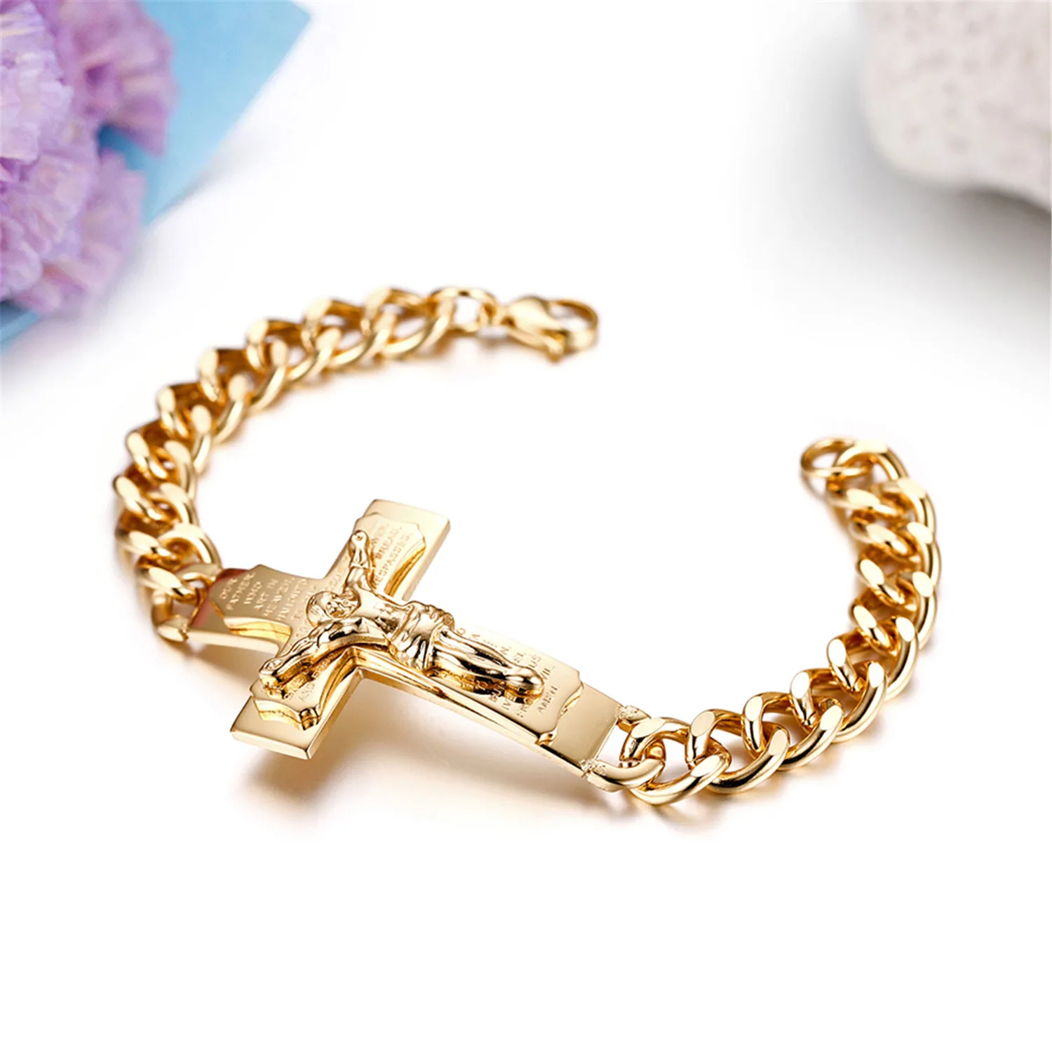BONISKISS Men Stianless Steel Jesus Cross Crucifix Bible Verse Curb Chain Cuff Bangle Bracelet Jewelry Jonc Bijoux Dropshipping