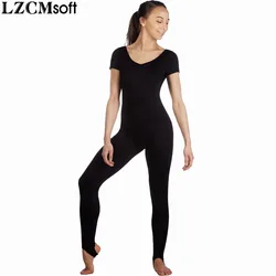 LZCMsoft Women Short Sleeves Dance Unitards Stirrup Spandex Fitting Unitard Black Dancewear Rehearsals Show Costume