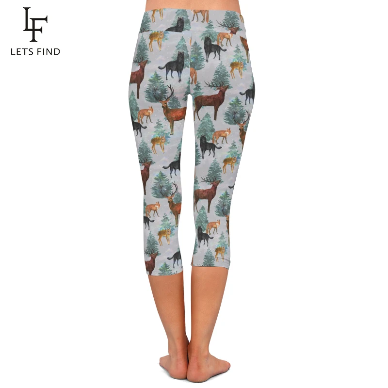 LETSFIND-Leggings Capri de cintura alta para mujer, pantalones con estampado de ciervo, zorro y perro, 3D, 3/4