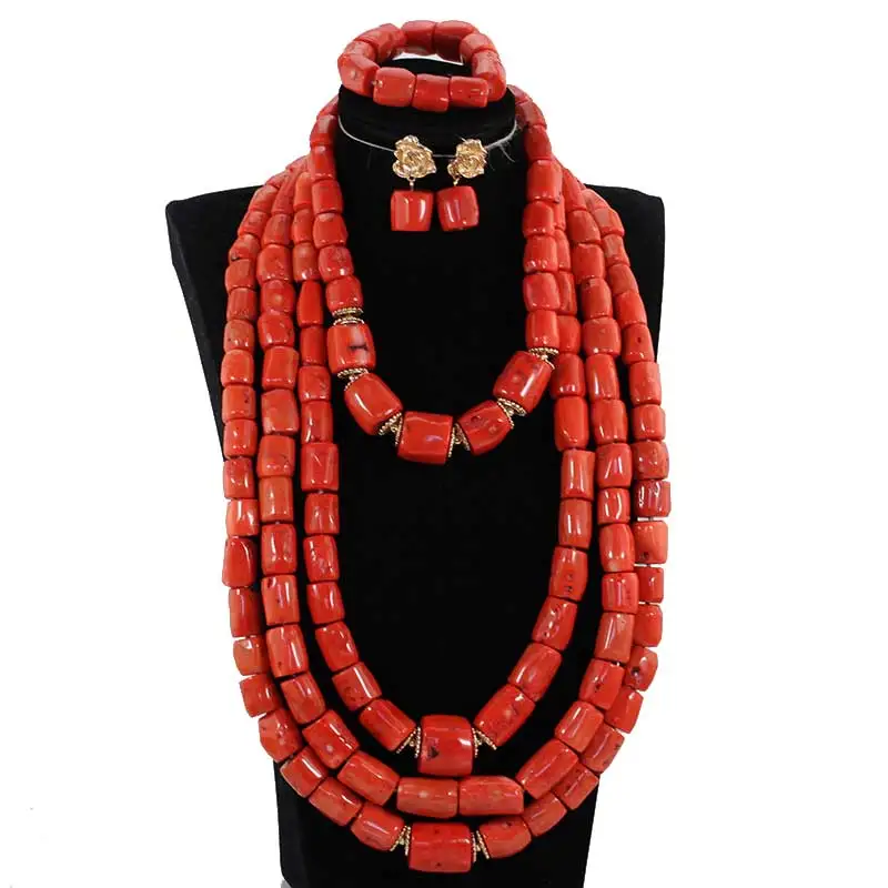 Luxury 4 Layers Real Nigerian Coral Beads Jewelry Set Big Coral Bead Heavy Bold Statement Bridal Necklace Set New ABH904