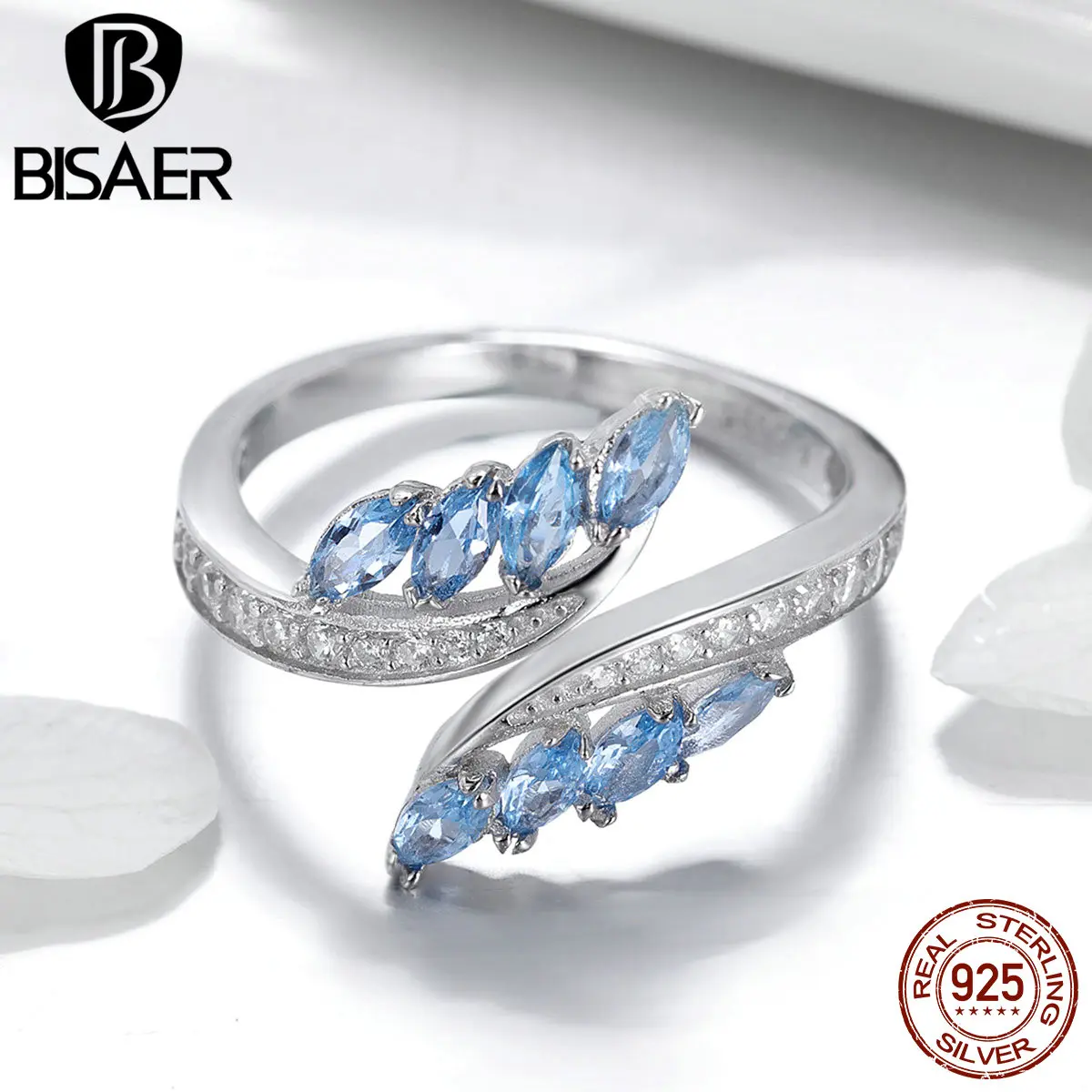 BISAER 925 Sterling Silver Adjustable Ring Crystal Sparkle CZ Tree Leaves Geometric Finger Rings For Women Wedding Fine Jewelry