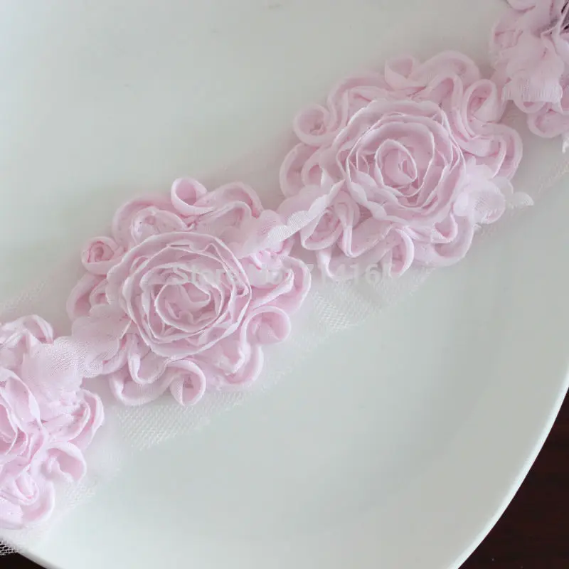 Swirl shabby flower potong Chiffon Rose flower trims, naik sifon bunga Merah Muda 1 yard