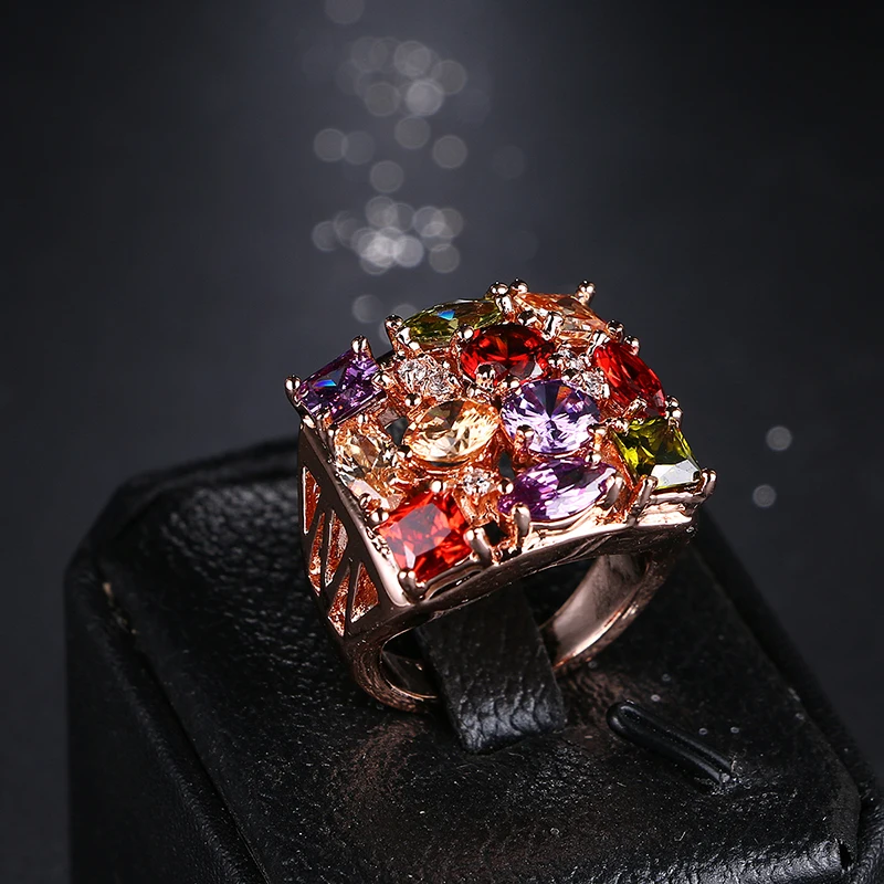 Emmaya Fashion Top Sale Rose Gold Color Colorful AAA Zircon Wedding Bijoux Square Rings Jewelry For Women Gift Party