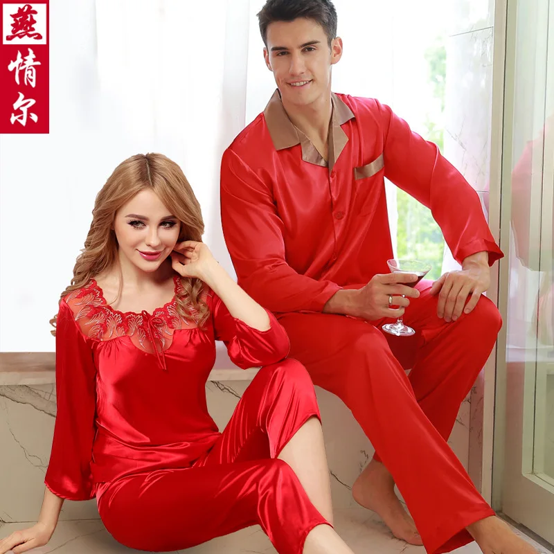 Couples Silk Sleepwear Lady Summer Pajamas Men's Sexy Silk Pajamas Boutique Silk Wedding Homewear Lovers Nightwear  D-2156