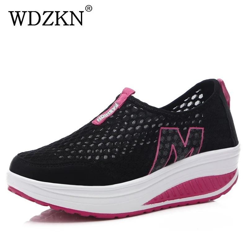 WDZKN Lightweight Breathable Air Mesh Shoes Women Casual Summer Flat Platform Shoes Woman Slip On Swing Shoes Big Size 34-42