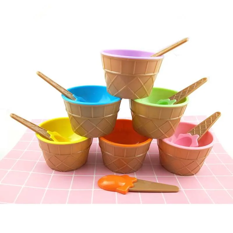 Plastic Ice Cream Bowls with Spoons Kids Cute Durable Dessert Cup Ice cream Cup 6 Colors