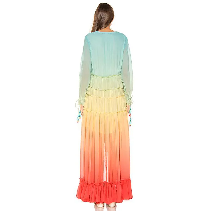 2023 Women Summer Boho Maxi Dress Rainbow Gradient Color Full Sleeve Elegant Beach Dress Button Cardigan Loose Casual Vestidos