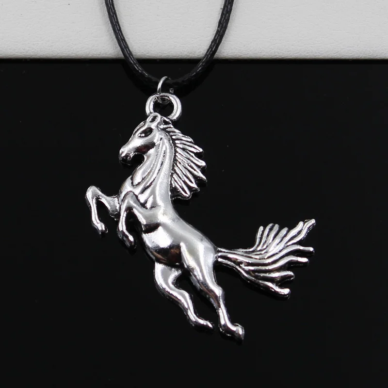 New Fashion Tibetan Silver Color Pendant Running Horse Necklace Choker Black Leather Cord Factory Price Handmade Jewelry