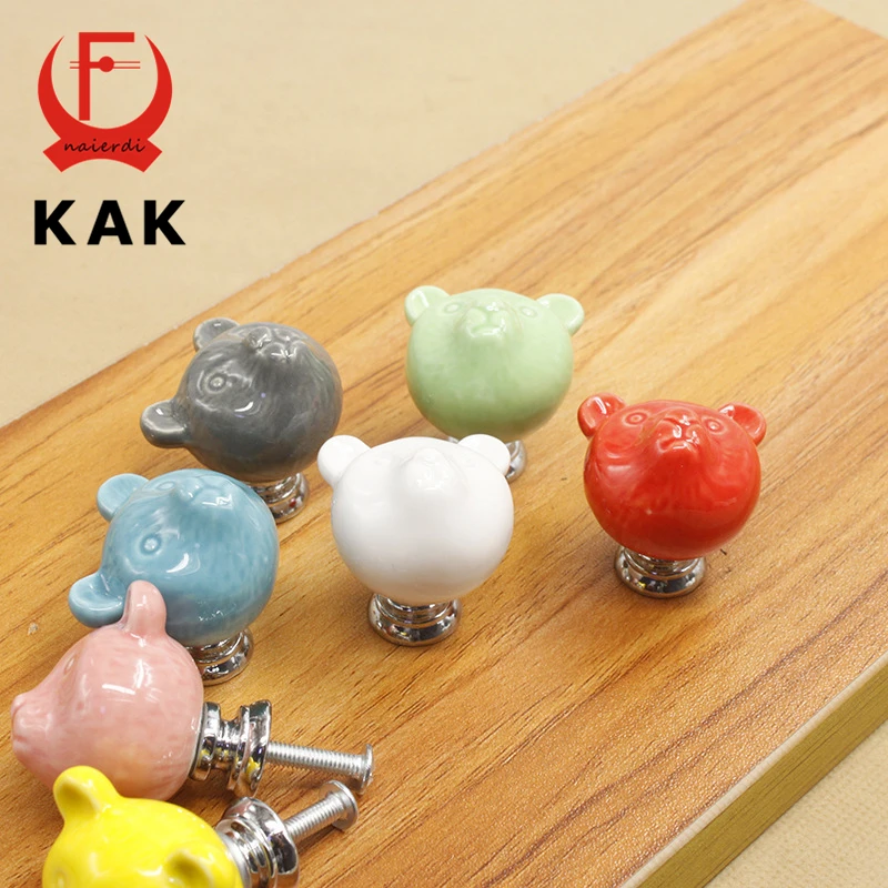 KAK Ceramic Bear Drawer Knobs 3D Cartoon Cabinet Cupboard handles Novelty Creative 7 color Fashion Furniture Handles Hardware