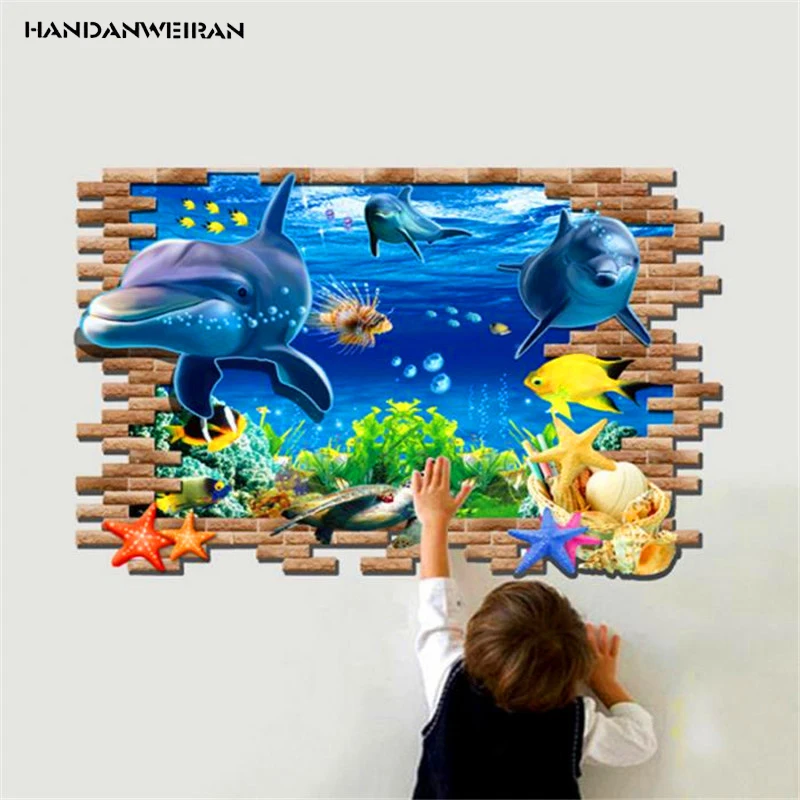 1PCS Underwater World 3D Dolphin Fish Wall Sticker For Children's Room Home Furnishing Decoration 50*70cm