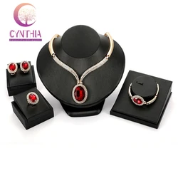 Red Nigerian Jewelry Sets Dubai Gold Color Long Necklace With Big Pendant Charm African Jewelry Sets For Bridal Wedding