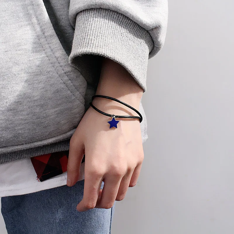 

Blue Black Star Charm Double Black Leather Bands Women Bracelets